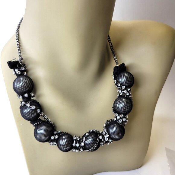 Black Mesh Balls and Crystal Choker Bib Necklace - Picture 1 of 4